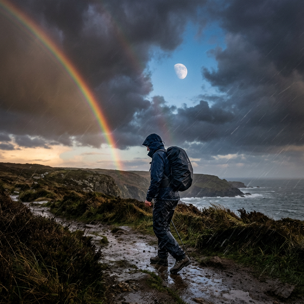 Hiker dressed in rain gear walking on a muddy coastal trail with rainbow, cloudy sky, and moon.