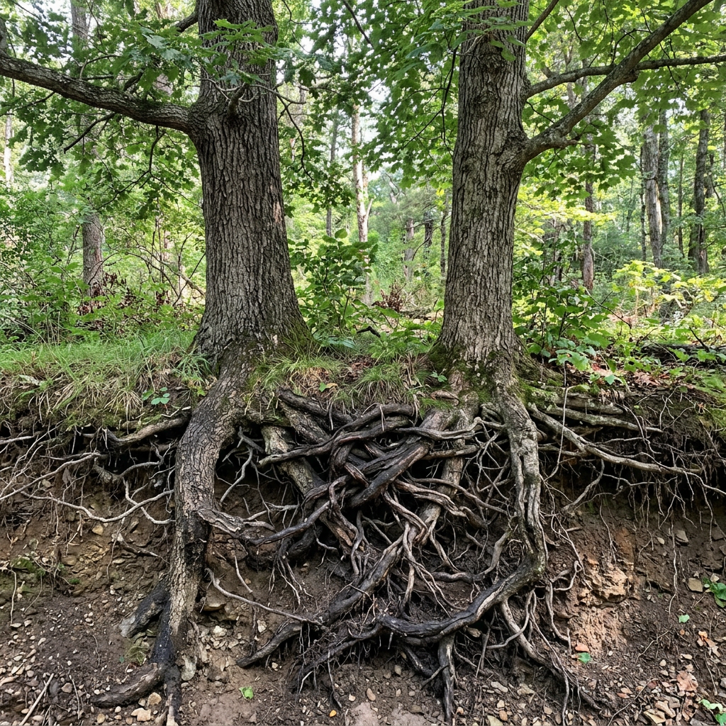 Two large trees with extensive exposed roots entwined above eroding soil in a green forest