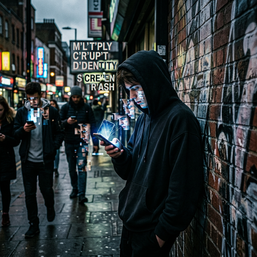 Person in hoodie looking at smartphone with digital fragmented faces around